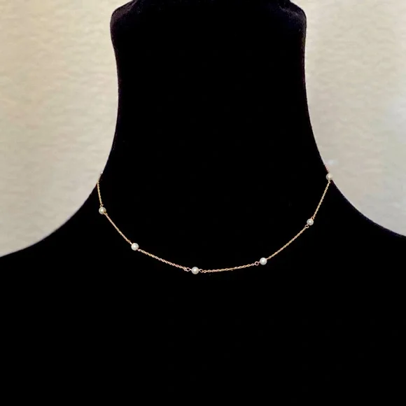 14K Gold Freshwater Cultured Pearl Station Necklace - Picture 2 of 3